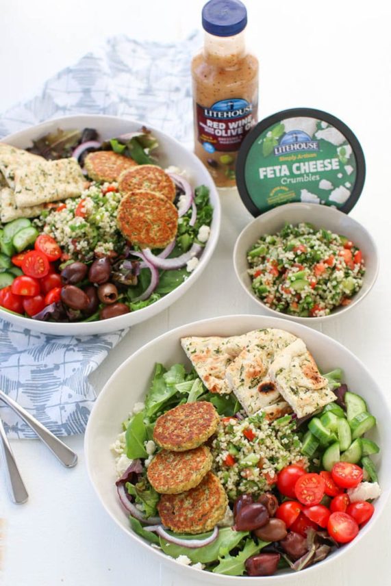 Baked Falafel Salad Bowls with Litehouse Red Wine and Olive Oil dressing