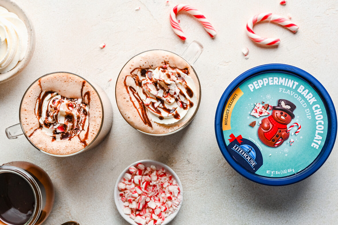 Chocolate Peppermint Latte made with Litehouse Peppermint Bark Chocolate Dip