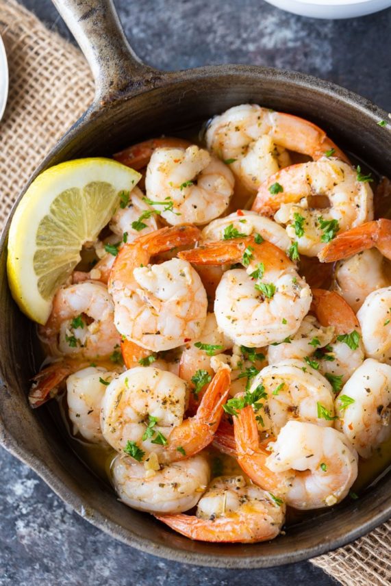 Hot skillet full of Garlic Shrimp