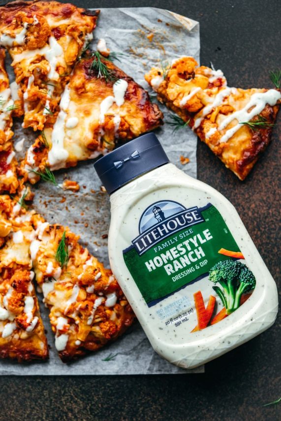 Drizzling Homestyle Ranch on Buffalo Cauliflower Pizza