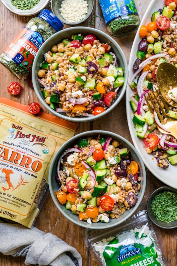 Serving up bowls of Farro Greek Salad