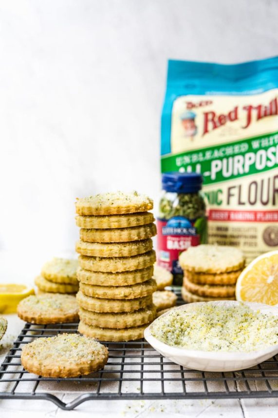 Big stack of Lemon Basil Shortbread Cookies