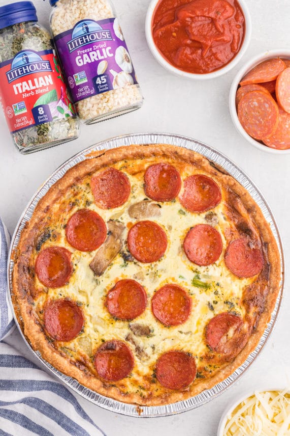 Freshly baked tray of Pizza Quiche