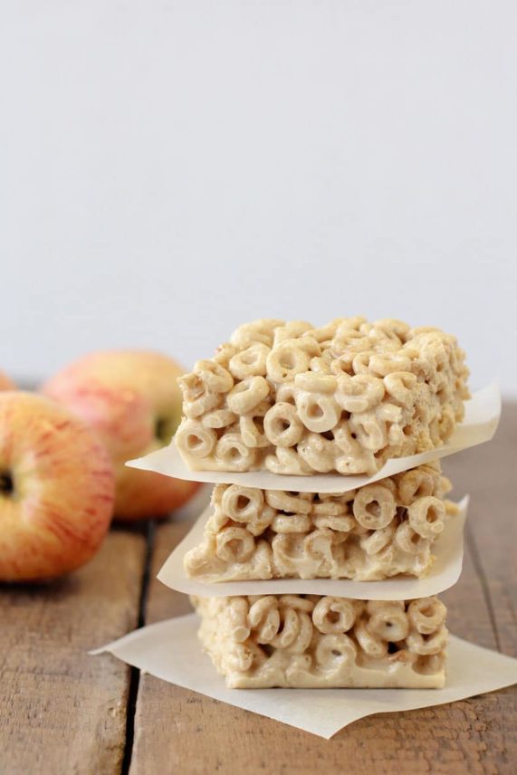 Nice stack of No Bake Caramel Apple Cider Cereal Bars