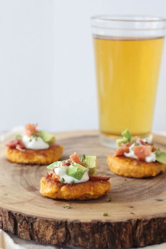 Sweet Potato Pancakes with Feta, Bacon and Avocado ready to eat