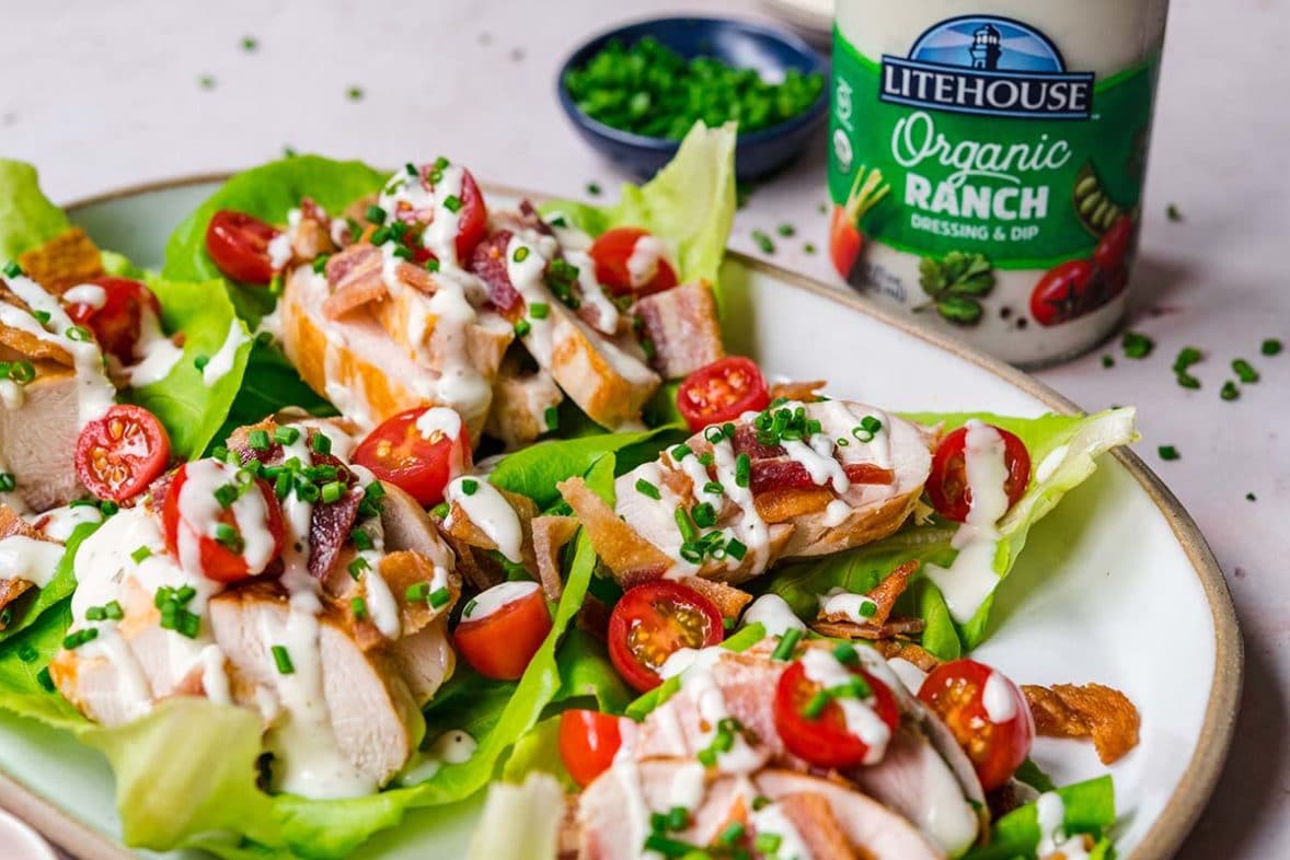 Freshly made tray of Bacon Chicken Ranch Lettuce Wraps