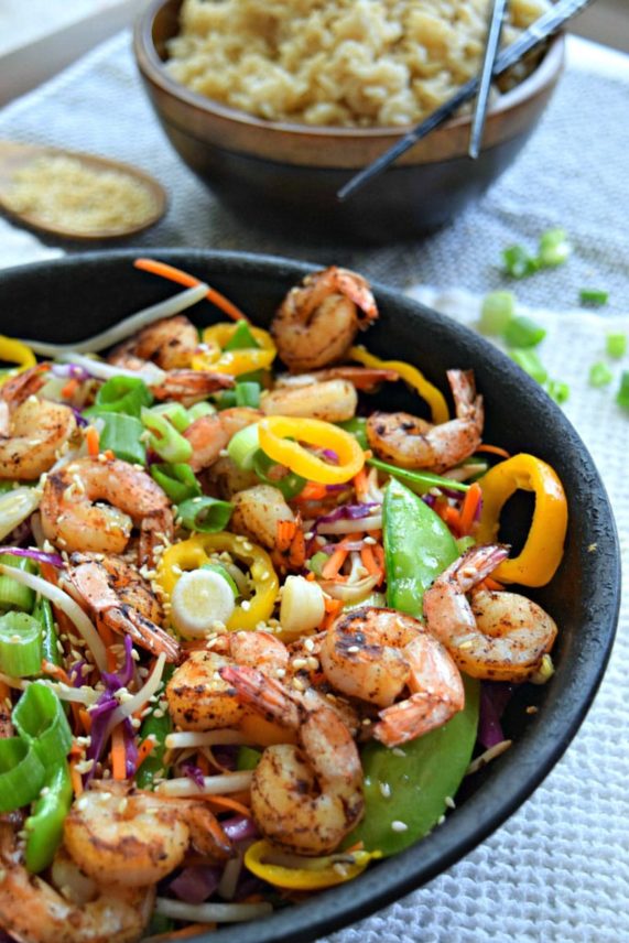 Just served plate of Sesame Six Veggie and Shrimp Stir Fry