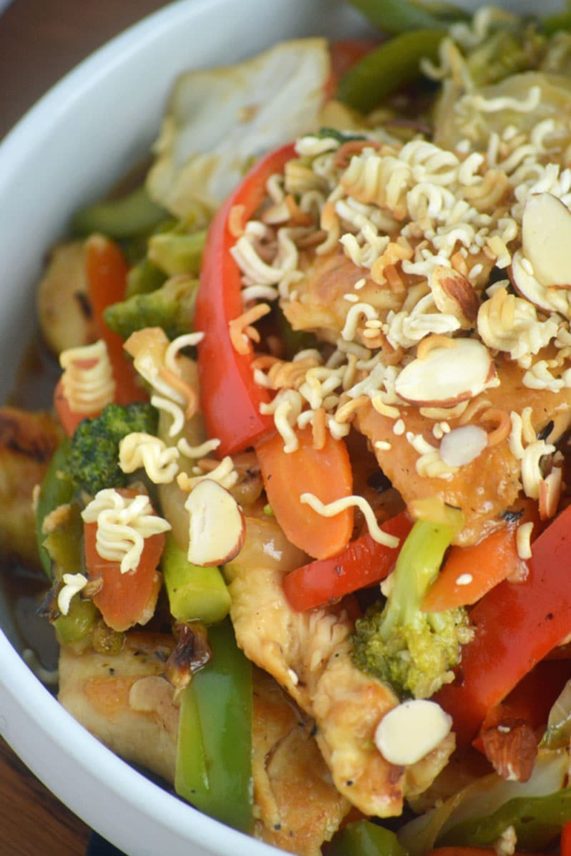 Just prepared Sticky Orange Ginger Chicken with Crispy Sesame Topping